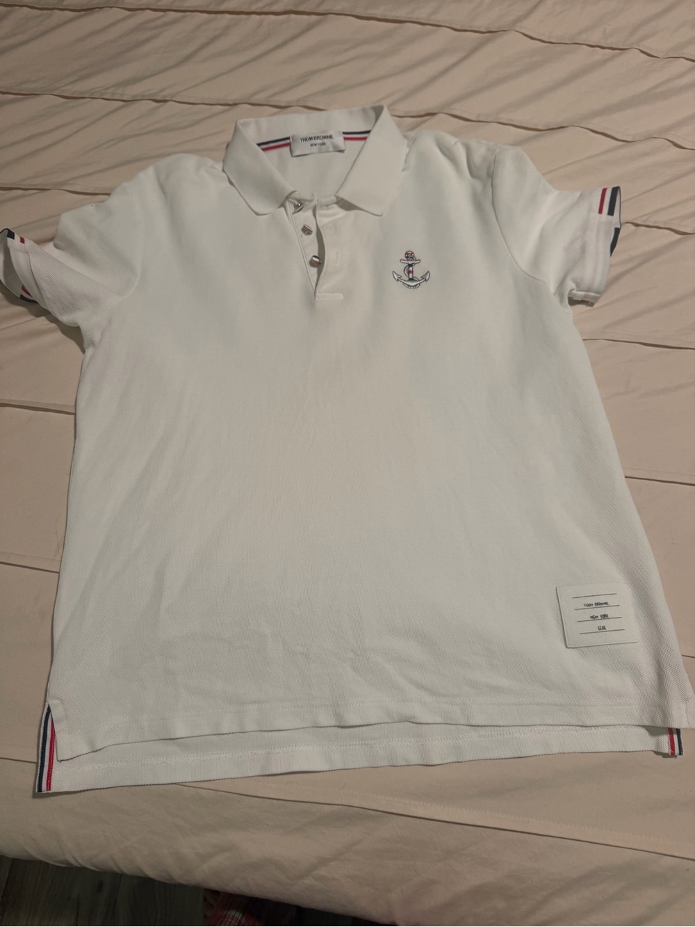 Thom Browne White Polo with Anchor Motif and Tricolor Trim